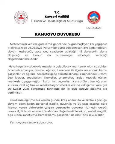 Kayseri'de Kar Yağışı: Okullar Yarın Kapalı!